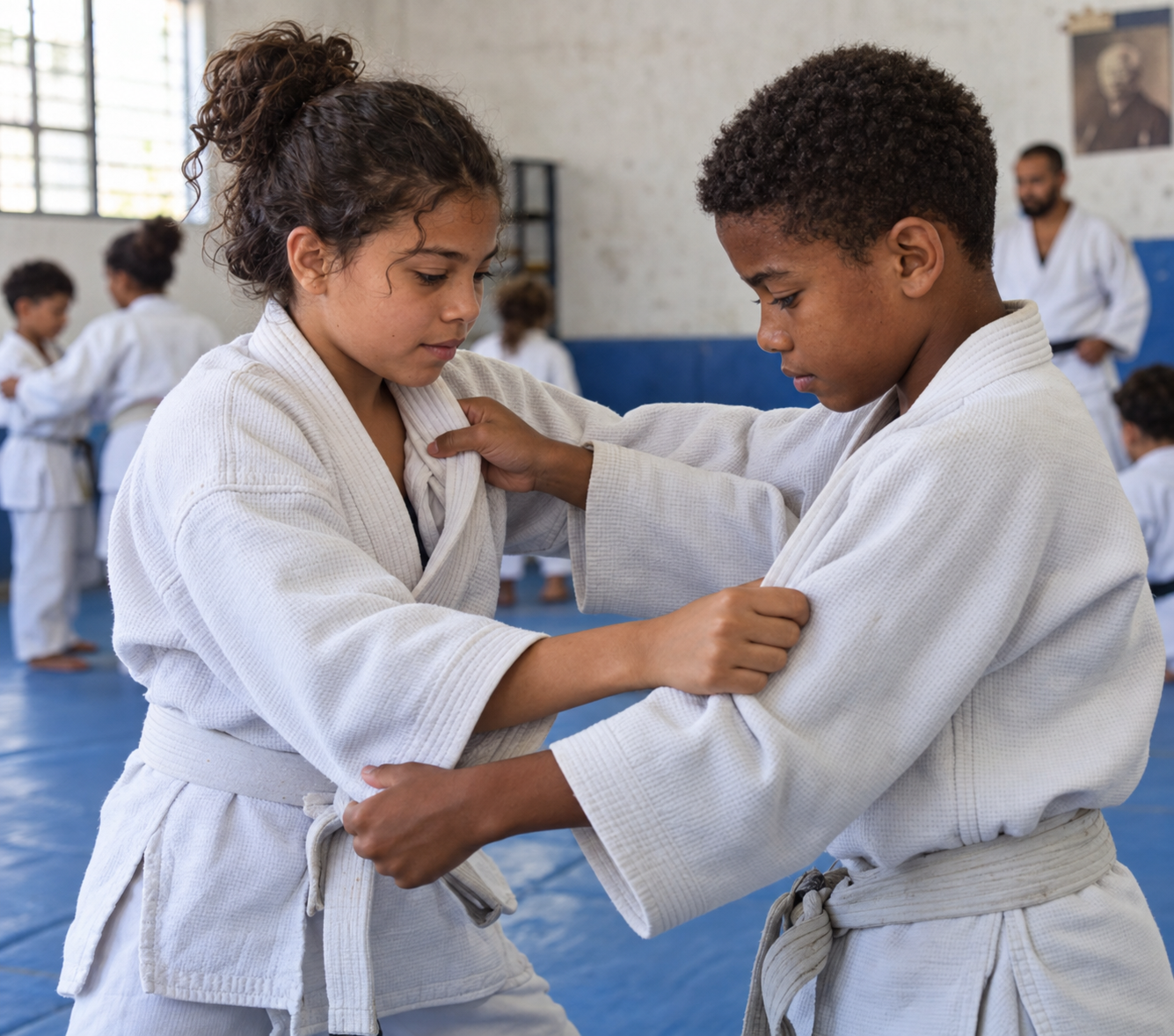 Jovens praticando judô durante uma atividade esportiva
