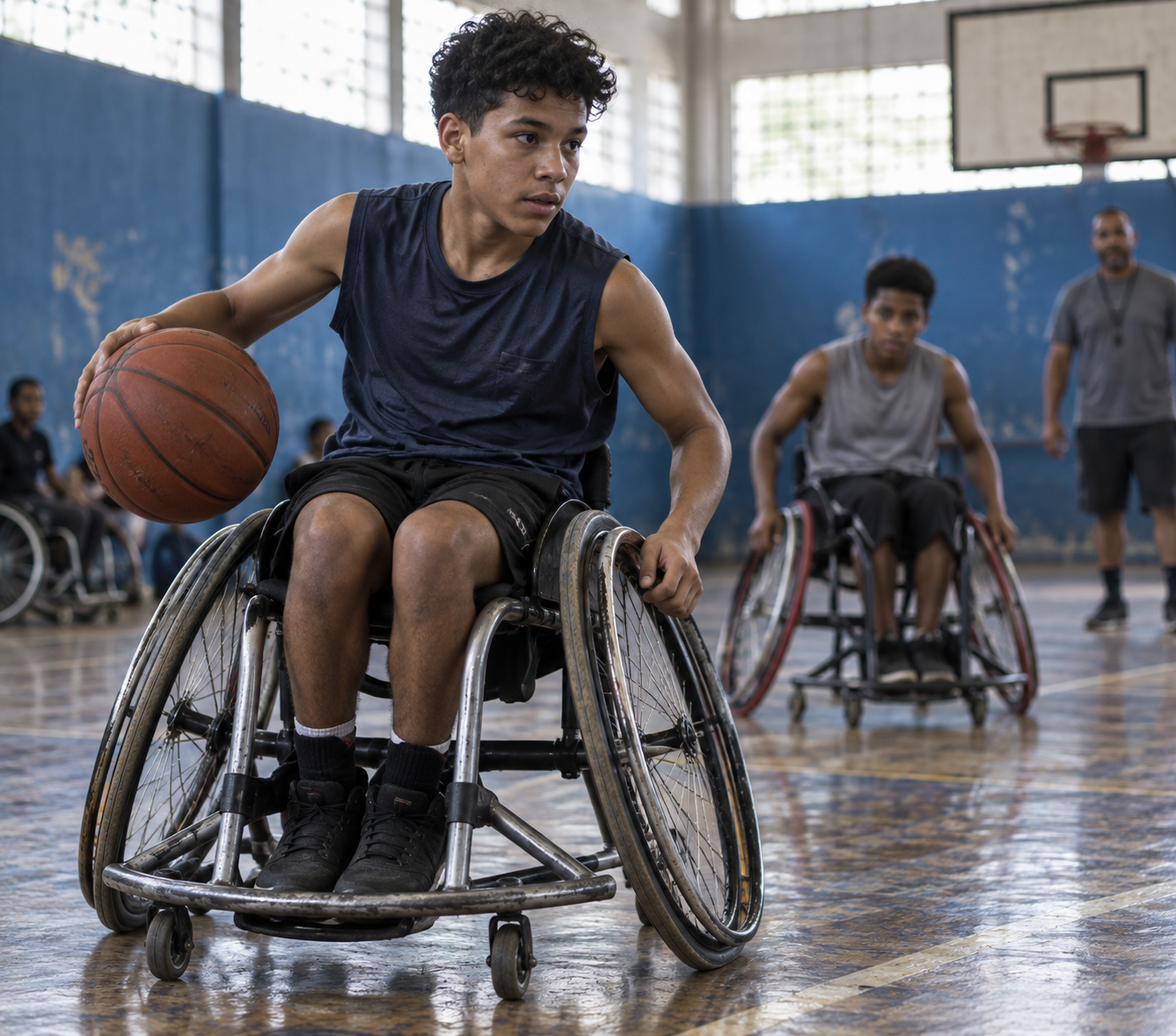 Jovens praticando basquete adaptado em uma quadra